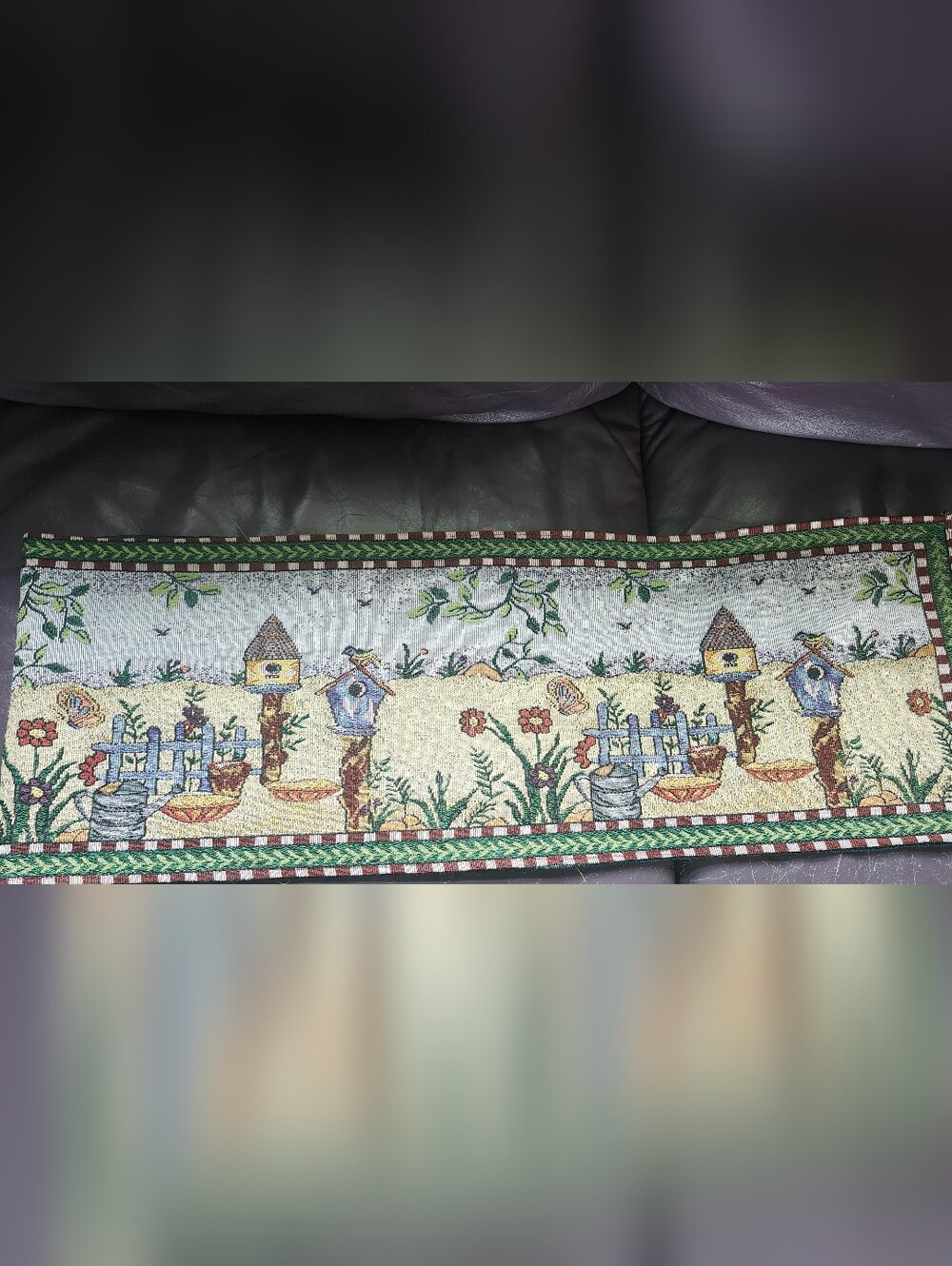 Birdhouse Garden Tapestry Runner - Green, Cream, Blue